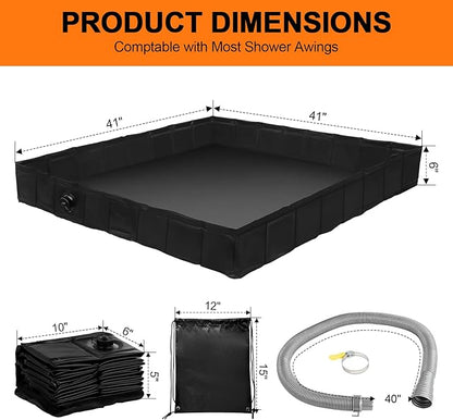 Portable Shower Base, Foldable Camping Shower Pan with Drain and Clamp to Keep Feet Clean Shower Basin Floor for Camping Showe, Beach, RV, Pte Bath Indoor Outdoor, 41" x 41" x 5"