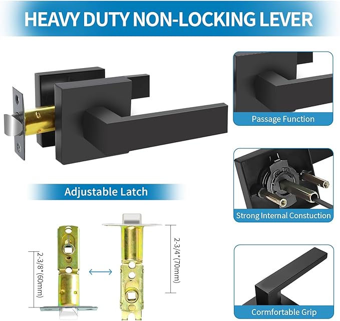 Passage Door Lever, Matte Black Interior Door Handles for Hallway& Closet Heavy Duty Non-Locking Lever Sets Keyless Door Knobs Lockset for Right & Left Side Door, 1 Pack