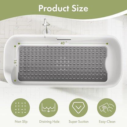 AmazerBath Shower Mat Non Slip 40 x 16 Inches, Shower Stall Mats with Suction Cups and Drain Holes, Non Slip Bath Mat for Tub for Elderly & Kids, Clear Black