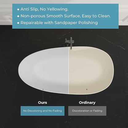 Premium 67'' Solid Surface Freestanding Bathtub, Upgraded Oval Shape Stone Resin Soaking Tub with Drain and Overflow, Matte White
