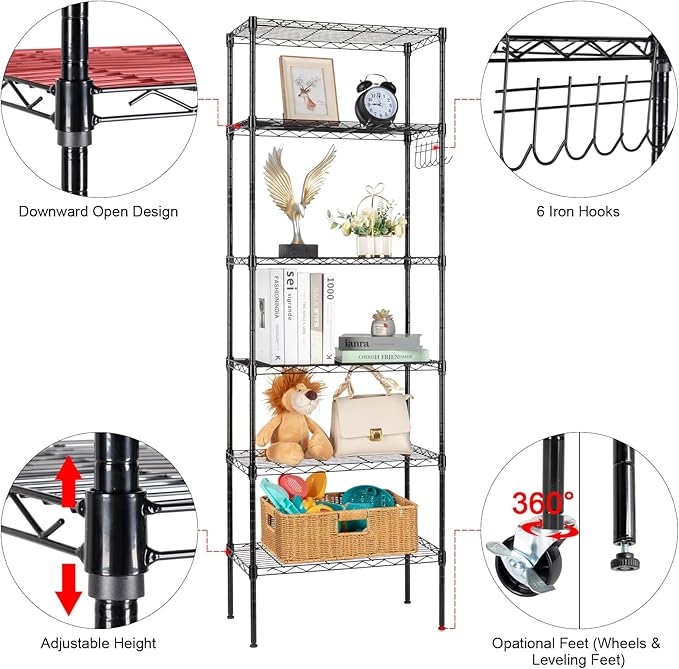 6 Tier Storage Racks Shelving, Heavy Steel Pantry Shelves, Adjustable Wire Shelving Rack with Wheels, Suitable for Garage, Kitchen, Bathroom, Office, 22" W x 12" D x 65" H, Black