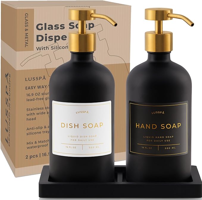 Lotion, Hand & Dish Soap Dispenser for Kitchen Sink - Bathroom Soap Dispenser Set of 2 16.8 Oz Glass Bottles with Stainless Steel Pump, 15 Water Proof Labels & Silicon Tray (Black/Gold)