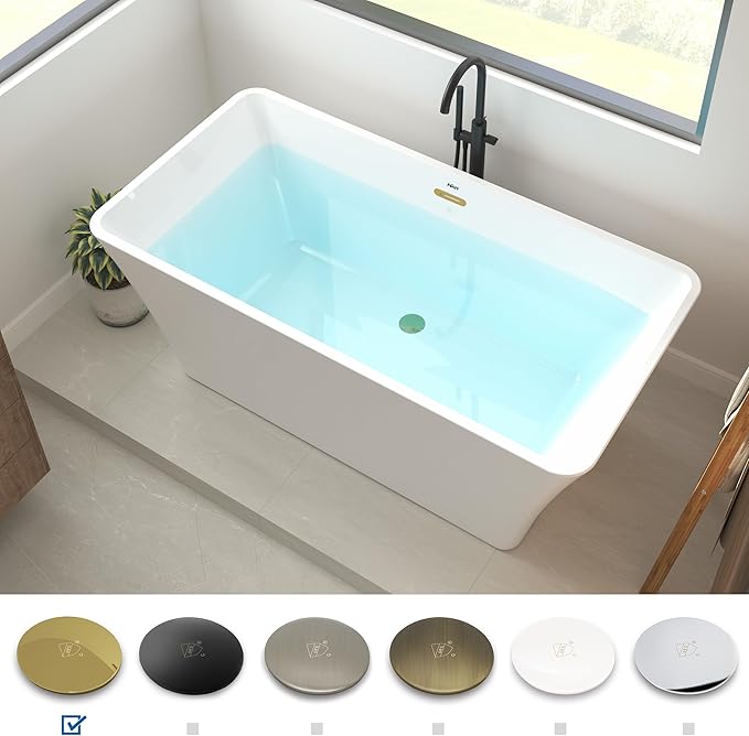 FerdY Sentosa 59" Acrylic Freestanding Bathtub, Contemporary Design Soaking Tub with Polished Gold Drain and Minimalist Linear Design Overflow, Easy to Install