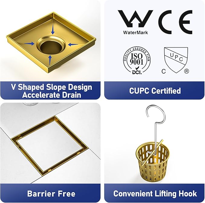 Square Shower Drain 6", Brushed Gold Floor Drain with Tiled Insert Grate & Hair Strainer, 304 Stainless Steel Bathroom 2-in-1 Tiled in Drain, CUPC Certified (Brushed Gold, 6'')
