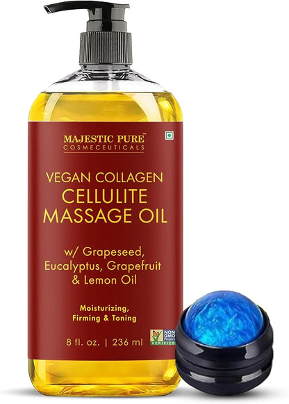 Majestic Pure Firming Body Massage Oil with Collagen – Helps Smooth The Appearance of Cellulite & Improve Skin Texture – Refreshing Aromatherapy Body Oil for Legs & Full Body – 8 Fl Oz, with Roller