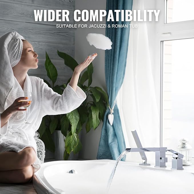 Waterfall Roman Tub Filler Faucet, Deck Mount Bathtub Filler with 360°Swivel Spout, 3 Holes Bathroom Tub Faucet with Sprayer, Chrome