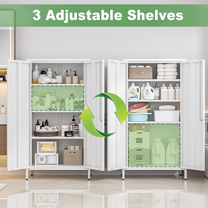 Tall Narrow Storage Cabinet 51.18" H Bathroom Cabinet Metal Pantry Cabinets, 3 Adjustable Shelves for Kitchen, Home Office, Living Room, Dinning Room (30 inches Wide White)