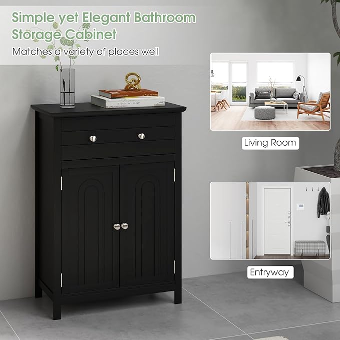 LOKO Bathroom Floor Cabinet, Kitchen Storage Cabinet with 1 Drawer, 2 Doors & 3-Position Adjustable Shelf, 2-Door Floor Storage Cabinet for Bathroom, Living Room, Entryway (Black)