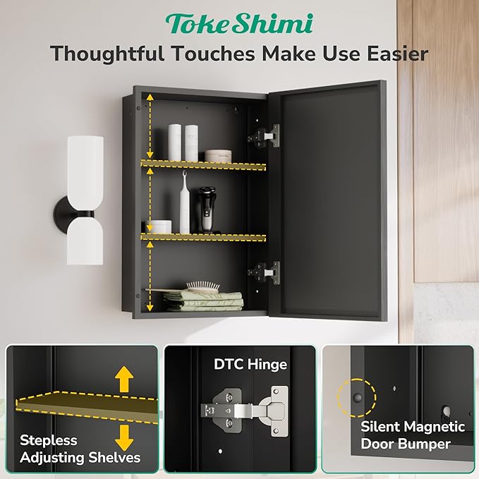 TokeShimi 24x26 Recessed Medicine Cabinet with Mirror Wall Mounted, Metal Beveled Mirror with Storage for Bathroom Vanity, Aluminum Alloy Medicine Cabinet Mirrored Black
