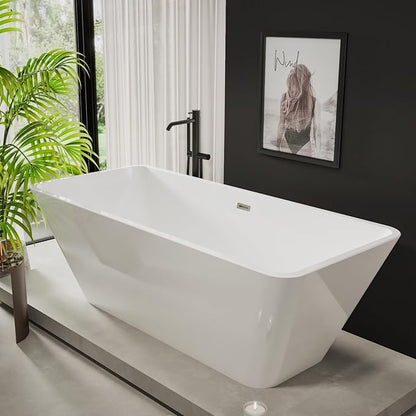 59" Freestanding Bathtub, Acrylic Soaking Tub, Chrome Overflow & Drain, Easy Installation for Modern Bathroom, White