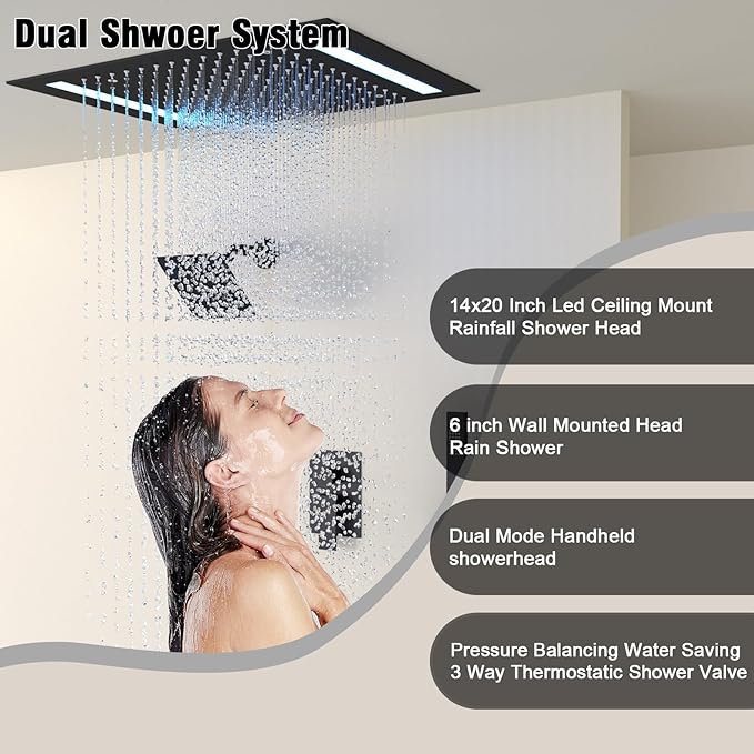 Rain Shower Head System with 14x20 Inch Ceiling Mount LED Head & 6 Inch Wall Head and Handheld Shower 3 Way Pressure Balance Valve Kit, Matte Black