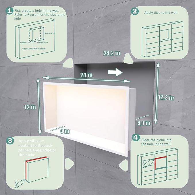 24"x12" Lighted Shower Niche ，Stainless Steel Waterproof Shower Storage with Lighting ，No Tile Needed ，Matte White （ 24 x 12 in）