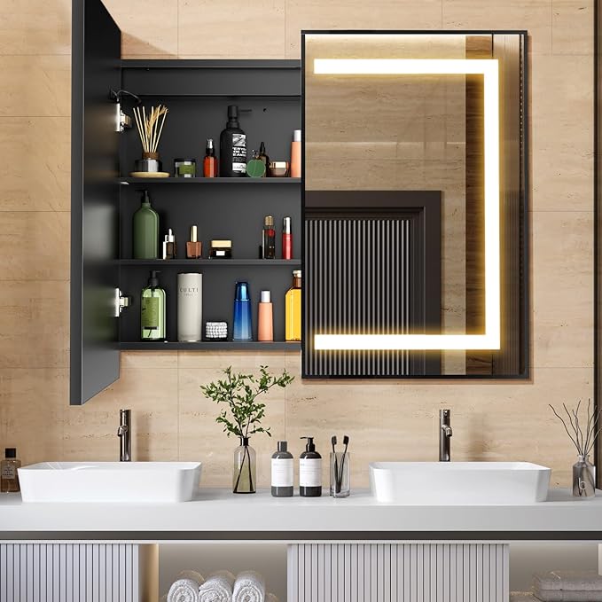 APRILSOUL 40X32 Inch Black Bathroom Medicine Cabinet with Mirror, Recessed or Surface Lighted Medicine Cabinet with 3 Colors Temperature, Dimmable Light