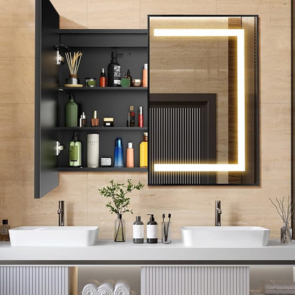 APRILSOUL 40X32 Inch Black Bathroom Medicine Cabinet with Mirror, Recessed or Surface Lighted Medicine Cabinet with 3 Colors Temperature, Dimmable Light