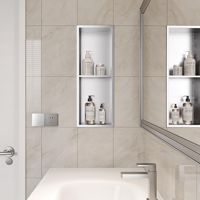 Neodrain Shower Niche Double Shelf Stainless Steel No Tile Needed Bathroom Niches Recessed in Wall, 2-Tier Recessed Wall Niche Waterproof Cubby(8X24 Inch,Brushed)