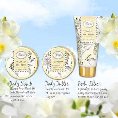 Bath & Shower Spa Gift Basket Set, with English Pear & Freesia Fragrance Bath Gift Basket for Women & Men Includes Body Lotion, Shower Gel, Bath Salts, Bubble Bath, Body Scrub and More, 9 Pcs