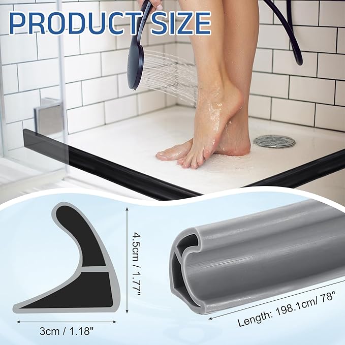 uxcell Shower Water Barrier, 78" TPE Splash Guard Shower Water Stopper Retention System for Bathtub Sink Washing Machine Dry and Wet Separation, 1.18"W x 1.77"H, Gray