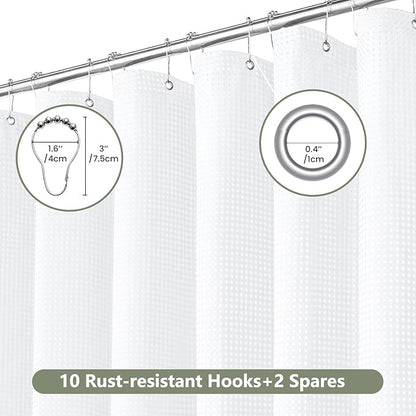 Inhousolu Fabric Shower Curtain Waffle Weave, 230 GSM Heavy Duty, Weighted Hem, 12 Metal Hooks, Water Repellent, Machine Washable, Hotel Spa Luxury Bath Curtain Set, 54 x 78 Inch, White