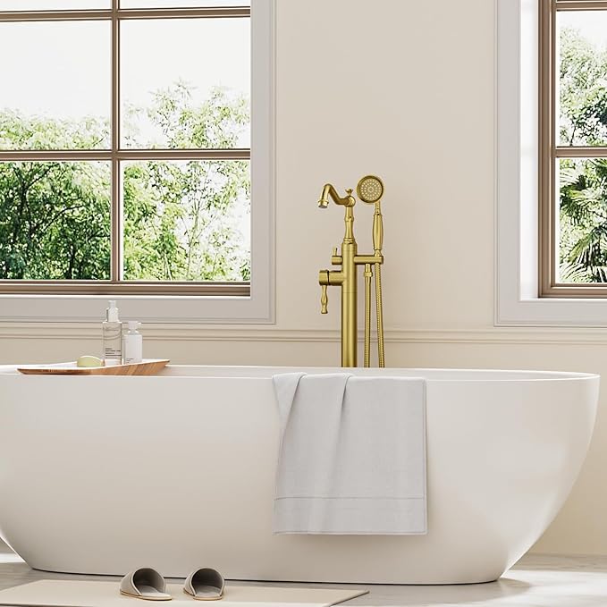 Brushed Gold Bathtub Faucet Freestanding Tub Filler High Pressure Single Handle Bathtub Filler Floor Mounted Brass Bathroom Tub Faucets with Handheld Shower