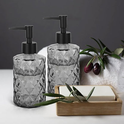 11oz Glass Soap Dispenser with Plastic Pump, Clear Black Bathroom Soap Dispenser for Hand Wash & Dish Wash, Elegant Dispenser for Dishwashing Liquid, Lotion, Shower Gel, Essential Oil