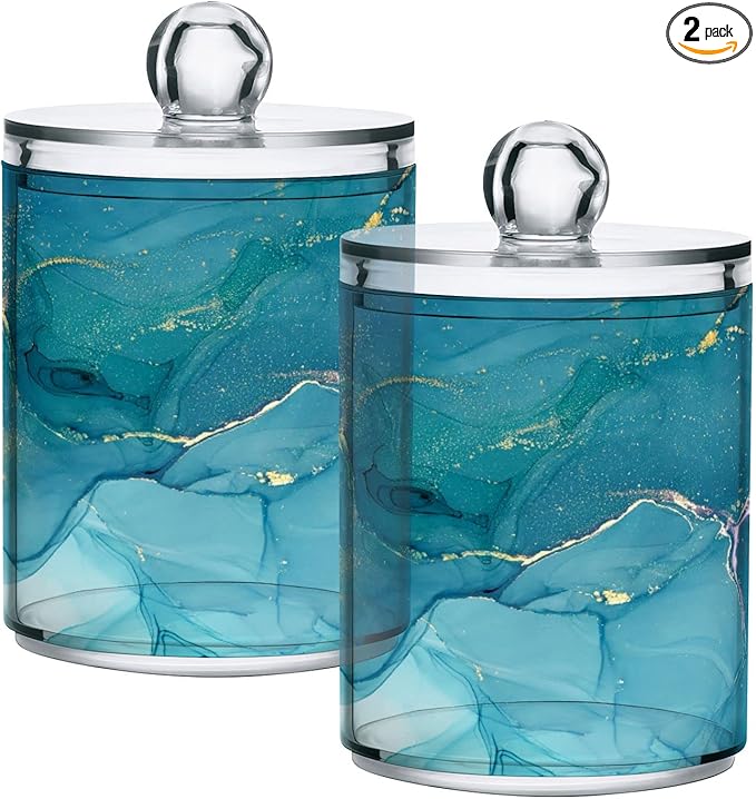 MNSRUU 2 Pack Qtip Holder Organizer Dispenser Blue Marble Abstract Fluid Art Bathroom Storage Canister Cotton Ball Holder Bathroom Containers for Cotton Swabs/Pads/Floss
