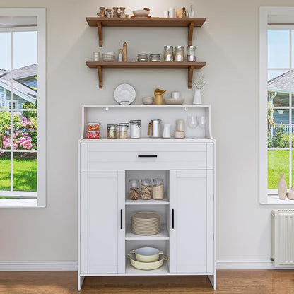 Storage Cabinet with Doors and Drawers, Kitchen Storage Cabinet with 1 Large Drawer,2 Doors,and 2 Adjustable Shelves,for Bathroom/Kitchen/Living Room/Entrance Hall (White)
