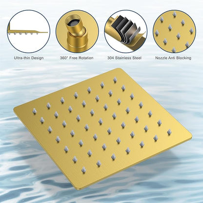 Shower Faucet Set, Ceiling Mount Rainfall Shower Head System 12" + 6" Dual Rain Shower Head Sets with 2 in 1 Handheld Spray for Bathroom with Rough-in Valve and Shower Trim Kit, Brushed Gold