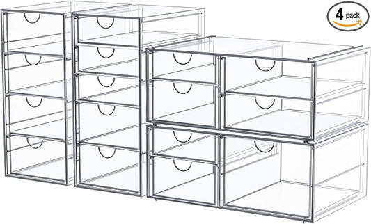 Makeup Organizer Storage with 16 Drawers, 4 Pcs Desktop Office Supplies, Desk Organizers, Clear Accessories, Dustproof Storage Drawer and for Make Up, Jewelry, Pen, Stationary