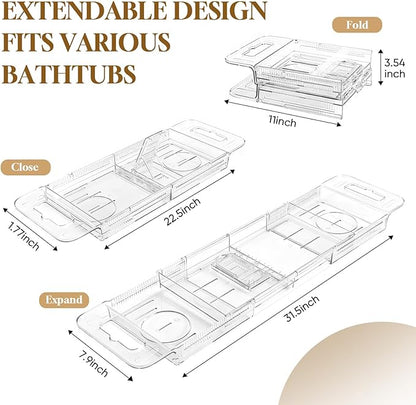 Expandable Clear Acrylic Bathtub Tray Caddy, Foldable Tub Bath Tray with Drain Slots, Slip-Resistant Waterproof Bathroom Shelf Caddy & Home Spa Gift for Women