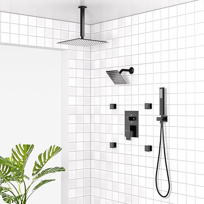 Enga Dual Head Shower System with Body Jets (Eco-Performance) 12 Inch Ceiling Mount Shower Head with 6 Inch Wall Mount Shower Head Shower Faucet Set, Matte Black