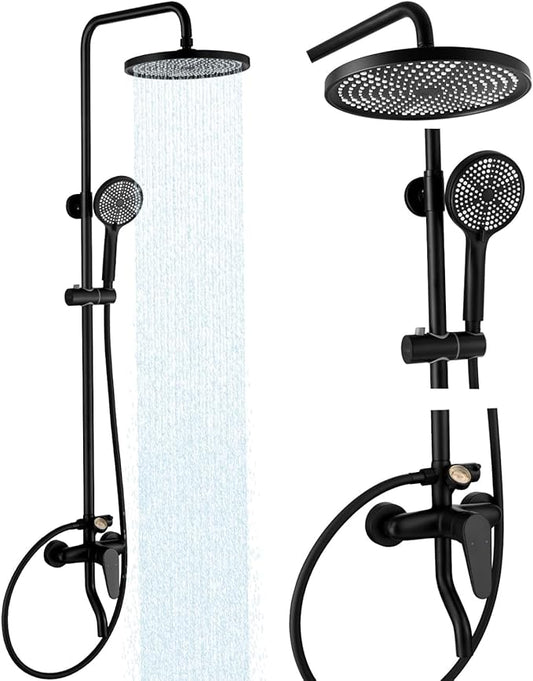 Outdoor Shower, 3 Functions Outdoor Shower Fixture SUS304 Stainless Steel Rain Shower Kit Faucet High Pressure Wall Mount 10 Inch Showerhead and Handheld Spray Combo,Single Handle, Matte Black