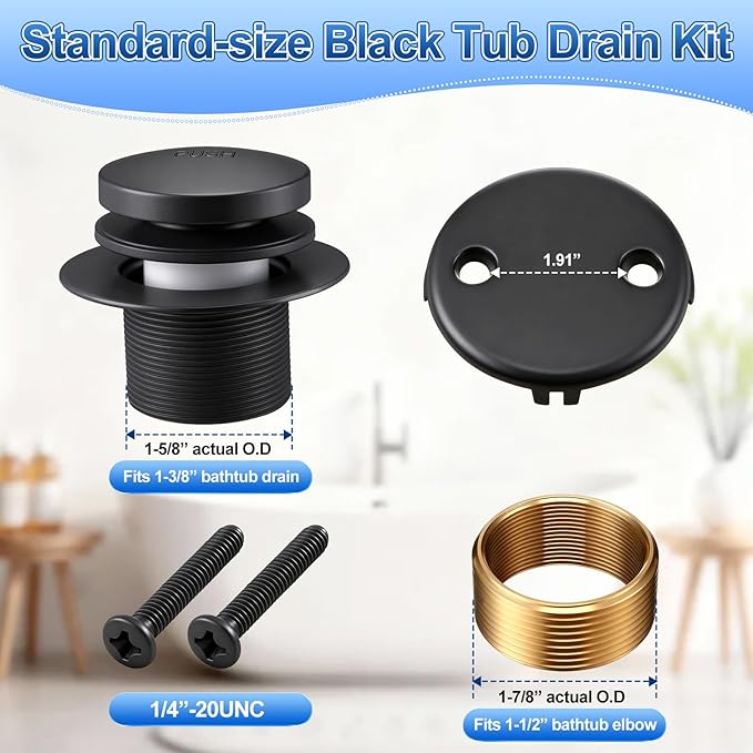 3 Piece Bathroom Fixture Set in Matte Black Shower Arm with Flange, Bathtub Drain, and 5-1/4 Inch Tub Spout Complete Upgrade Kit for Modern Bathrooms