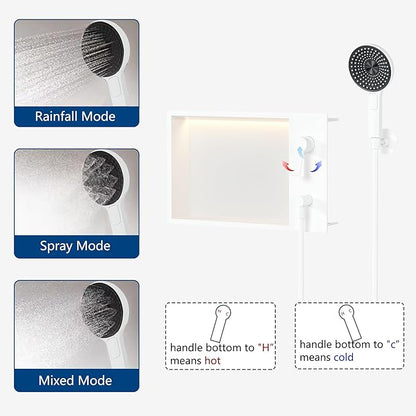 Shower Niche with Round Hand Shower,and LED Light in Matte White/Horizontal