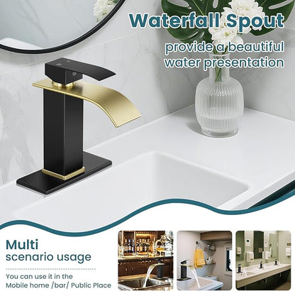 Bathroom Faucets Matte Black and Gold Waterfall Bathroom Sink Faucet Modern Single Handle Bathroom Faucet for 1 or 3 Hole Mxier Tap Washbasin Faucet with Deck, Pop-up Drain and Supply Hoses