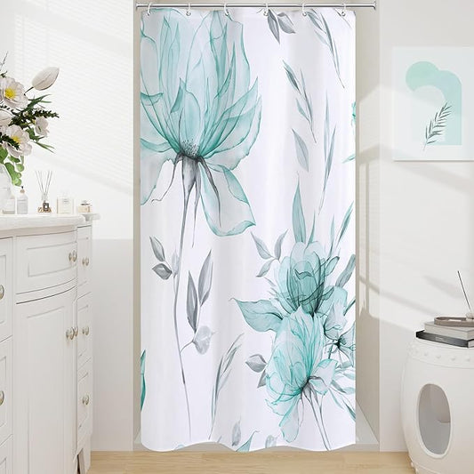 Small Stall Boho Watercolor Floral Shower Curtain 36 x 72, Teal Blue and Grey Ink Painting Style Flower Shower Curtains for Chic Elegant Bathroom, Artistic Narrow Half Size Shower Curtain