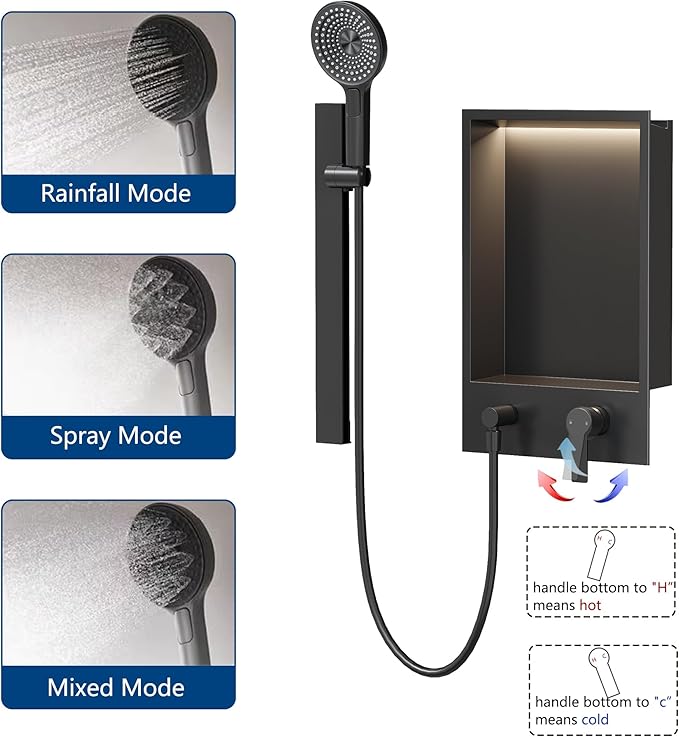 Shower Niche with Round Hand Shower,Sliding Bar and LED Light in Matte Black/Vertical