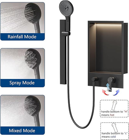 Shower Niche with Round Hand Shower,Sliding Bar and LED Light in Matte Black/Vertical