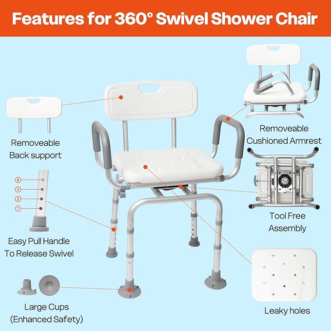 Shower Chair 360° Swivel Shower Chair for Inside Shower,Portable Seat with Back & Arms, Adjustable Height Seat for Bathtub,Tub Bench Stool for Bathroom Mobility Seat for Elderly, Disabled