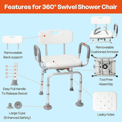 Shower Chair 360° Swivel Shower Chair for Inside Shower,Portable Seat with Back & Arms, Adjustable Height Seat for Bathtub,Tub Bench Stool for Bathroom Mobility Seat for Elderly, Disabled