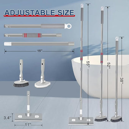 Tile Tub Floor Cleaner Scrubber With Long Handle - 5-in-1 Shower Brush Set for Bathroom, Kitchen, Walls, Sink - Includes Window Scraper and 3 Detachable No Scratch Heads