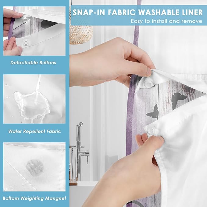 No Hook Purple Flower Shower Curtain with Snap in Fabric Liner Set, Rustic Farmhouse Daisy Double Layers Waterproof Fabric with See Through Top Window Open Grommet Bath Curtain 71x74 Inch
