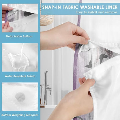 No Hook Purple Flower Shower Curtain with Snap in Fabric Liner Set, Rustic Farmhouse Daisy Double Layers Waterproof Fabric with See Through Top Window Open Grommet Bath Curtain 71x74 Inch
