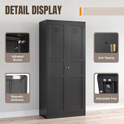 Yizosh Metal Storage Cabinet with 2 Doors and 5 Adjustable Shelves - 71" Black Kitchen Pantry Storage Cabinet, 5-Tier Tall Steel Cabinet Locker for Kitchen, Living Room, Dining Room