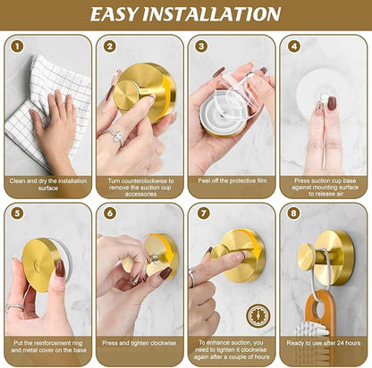 BKV Suction Cup Hooks for Glass Window,Removable Shower Hooks for Inside Shower,Metal Towel Hooks for Bathrooms,6 Pack(Gold)