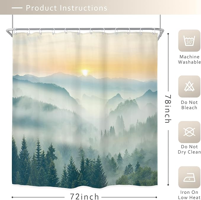 Riyidecor Extra Long Mountain Shower Curtain 72Wx78H Inch Green Yellow Sunset Sunrise Misty Scenery Landscape Nature Woodland Greenery View Bathroom Decor Fabric Polyester Waterproof 12 Pack Hooks