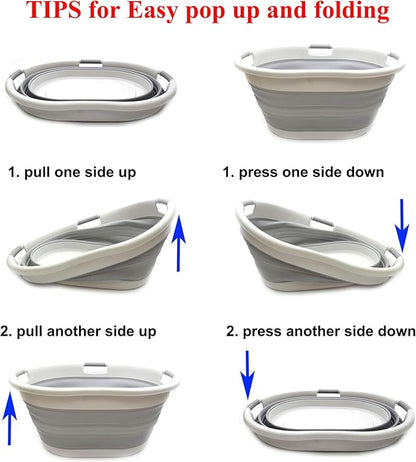 SAMMART 57L (15 Gallons) Collapsible 3-Handled Plastic Laundry Basket - Oval Tub - Portable Washing Tub-Space Saving Laundry Hamper, Water Capacity 44L / 11.6 Gallon (1, Grey)