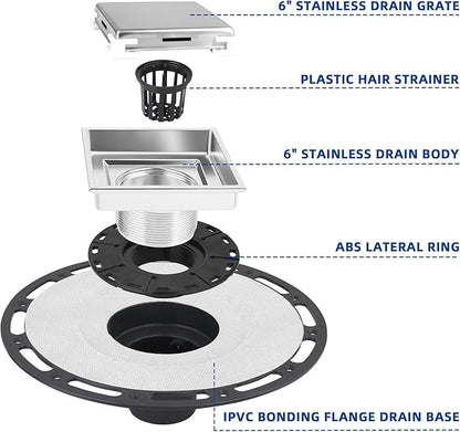 4-Inch Square Shower Drain Kit with Tiled Insert Grate, Brushed Stainless Steel Cover, PVC Bonding Flange & Hair Strainer, Fits 2" & 3" Pipes for Tiled Floors