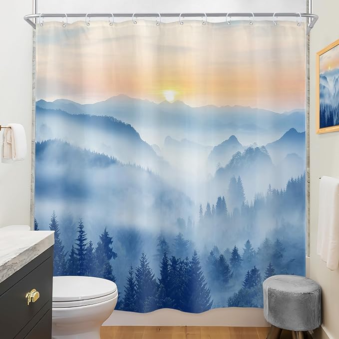 Riyidecor Misty Mountain Shower Curtain 72Wx72H Inch Blue Sunrise Scenery Foggy Woodland Greenery Smokey Tree Nature Pine Scenic Rustic Bathroom Decor Fabric Polyester Waterproof 12 Pack Hooks