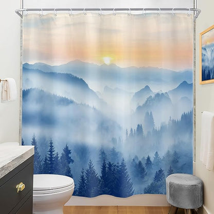 Riyidecor Misty Mountain Shower Curtain 72Wx72H Inch Blue Sunrise Scenery Foggy Woodland Greenery Smokey Tree Nature Pine Scenic Rustic Bathroom Decor Fabric Polyester Waterproof 12 Pack Hooks