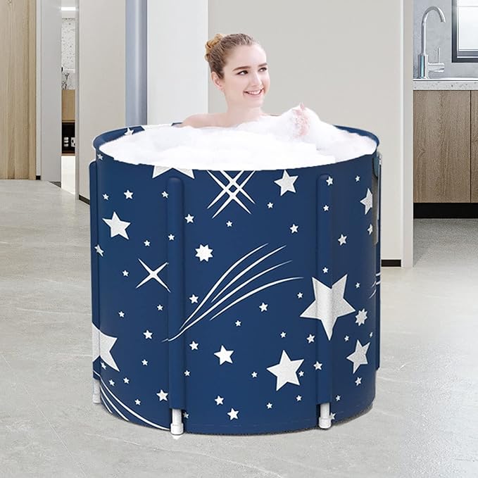 ptlsy Portable Bathtub, Japanese Soaking Bath Tub for Shower Stall, Foldable Bathtub with Thermal Foam, Freestanding, Folding & Soaking Spa Bath Tub with Pillow for Small Spaces (Blue Sky)